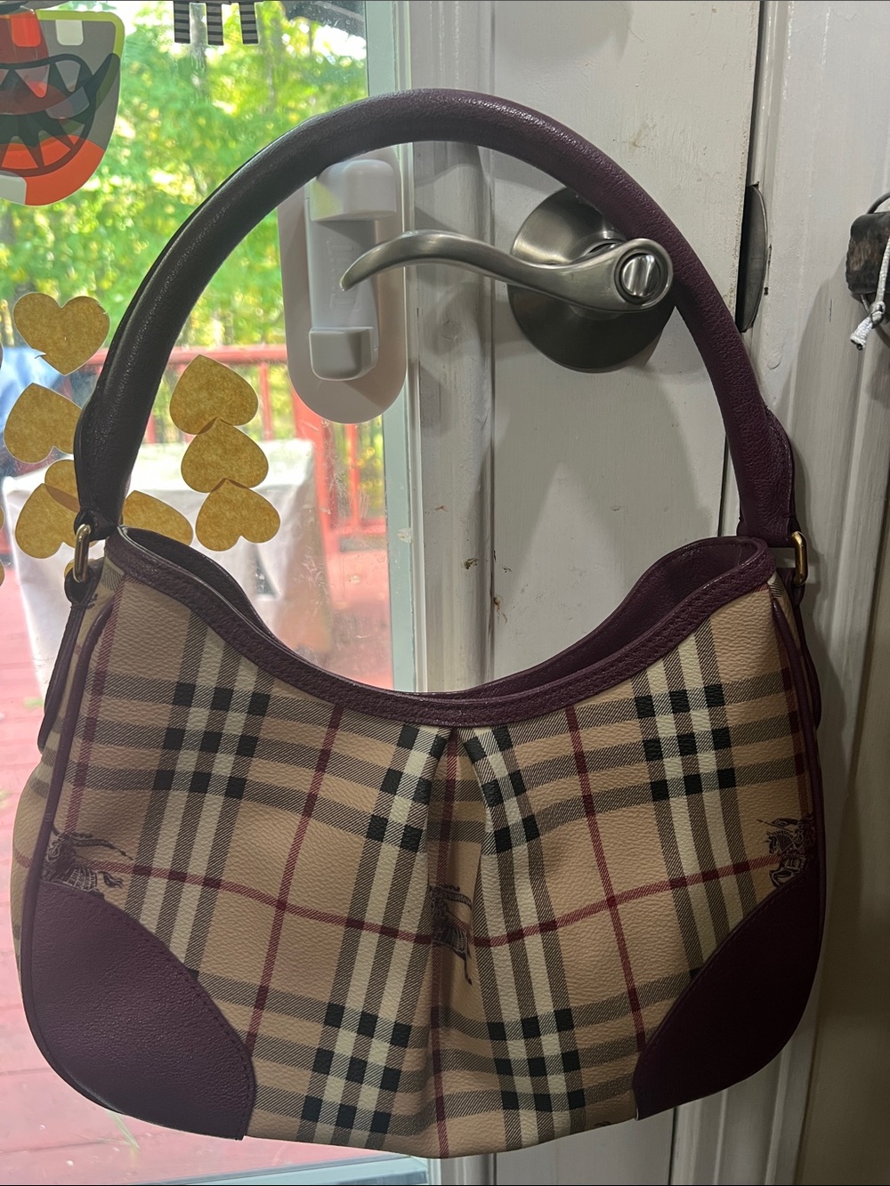 Plaid Shoulder Bag with Burgundy Trim